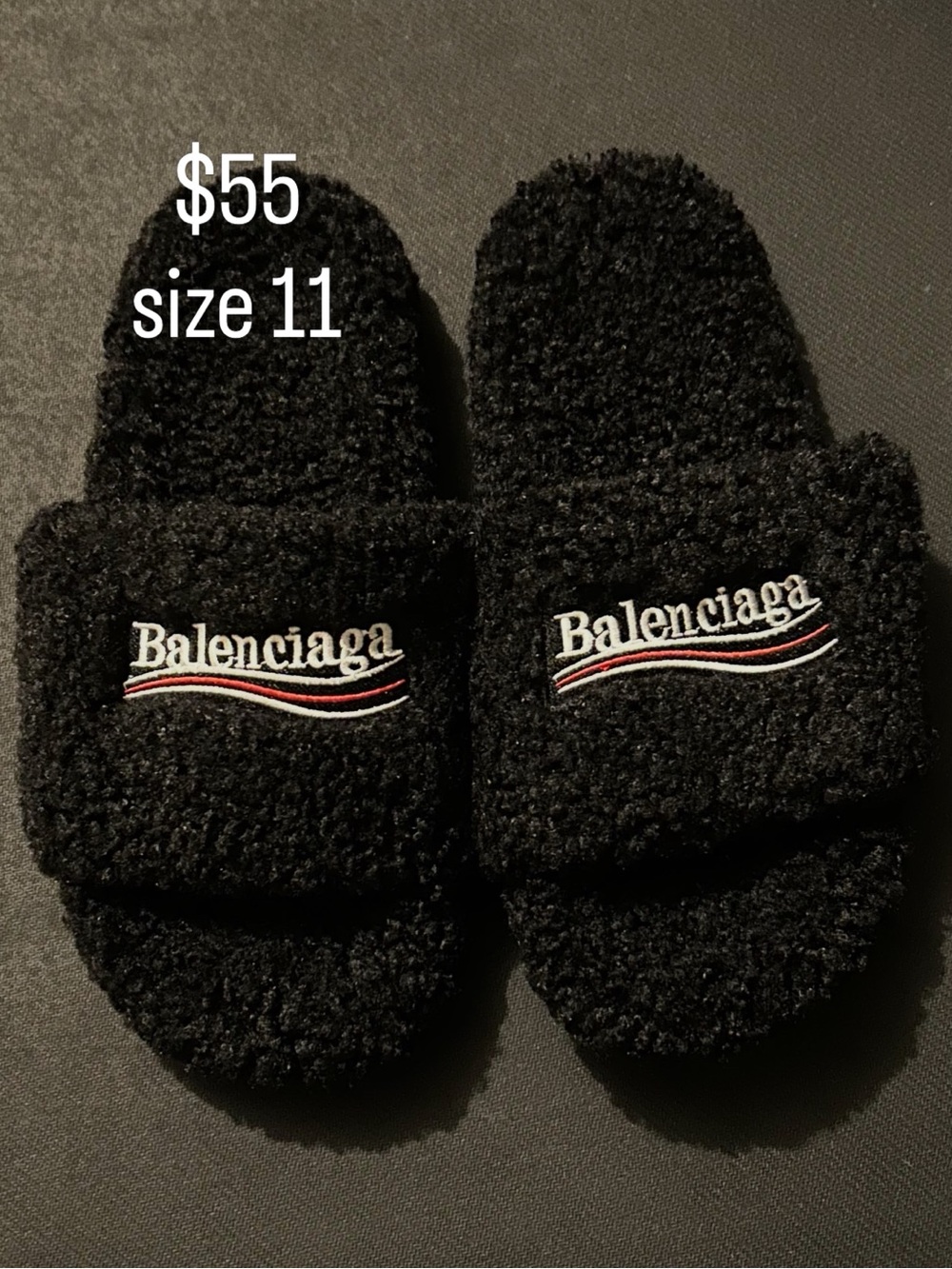 Black Fuzzy Slide Sandals with Embroidered Logo